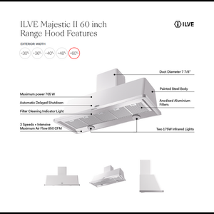 ILVE Majestic II 60-Inch Chimney Wall-Mount Ducted Range Hood, 850 CFM, Graphite Matte, UAM150MG