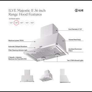 ILVE Majestic II 36-Inch Chimney Wall-Mount Ducted Range Hood, 600 CFM, Glossy Black, UAM90BK