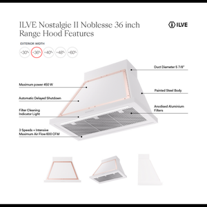 ILVE Nostalgie II Noblesse 36-Inch Canopy Wall-Mount Ducted Range Hood, 600 CFM, White with Brass Trim, UANB36WHG