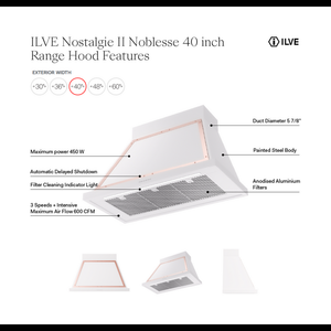 ILVE Nostalgie II Noblesse 40-Inch Canopy Wall-Mount Ducted Range Hood, 600 CFM, Midnight Blue with Chrome Trim, UANB40MBC