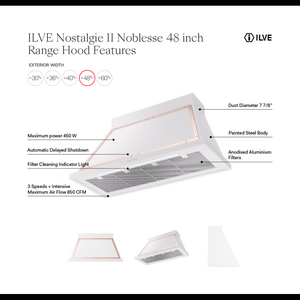 ILVE Nostalgie II Noblesse 48-Inch Canopy Wall-Mount Ducted Range Hood, 600 CFM, Antique White with Copper Trim, UANB48AWP