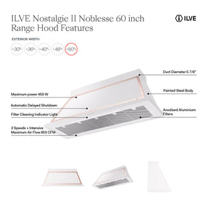 ILVE Nostalgie II Noblesse 60-Inch Canopy Wall-Mount Ducted Range Hood, 600 CFM, Antique White with Burnished Trim, UANB60AWB