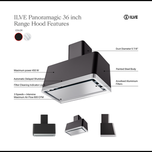 ILVE Panoramagic 36-Inch Chimney Wall-Mount Ducted Range Hood, 600 CFM, Matte Black, UAPM90MK