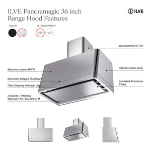 ILVE Panoramagic 36-Inch Chimney Wall-Mount Ducted Range Hood, 600 CFM, Stainless Steel, UAPM90SS