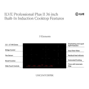 ILVE Professional Plus II 36-Inch Induction Cooktop with 5 Induction Zones, Glossy Black, UHCI36TCRPBK