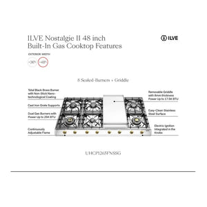 ILVE Nostalgie II 48-Inch Gas Cooktop with 8 Sealed Burners + Griddle, Stainless Steel with Burnished Trim, Liquid Propane, UHCP1265FNSSBLP