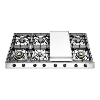 ILVE Nostalgie II 48-Inch Gas Cooktop with 8 Sealed Burners + Griddle, Stainless Steel with Burnished Trim, Natural Gas, UHCP1265FNSSB