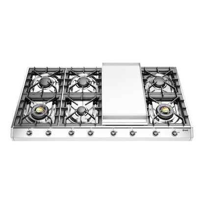 ILVE Nostalgie II 48-Inch Gas Cooktop with 8 Sealed Burners + Griddle, Stainless Steel with Chrome Trim, Liquid Propane, UHCP1265FNSSCLP