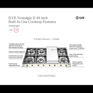 ILVE Nostalgie II 48-Inch Gas Cooktop with 8 Sealed Burners + Griddle, Stainless Steel with Brass Trim, Liquid Propane, UHCP1265FNSSGLP