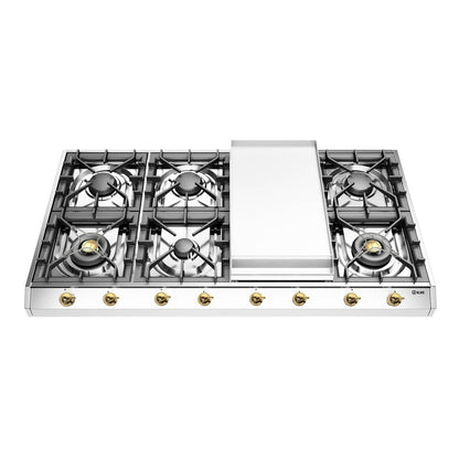 ILVE Nostalgie II 48-Inch Gas Cooktop with 8 Sealed Burners + Griddle, Stainless Steel with Brass Trim, Liquid Propane, UHCP1265FNSSGLP