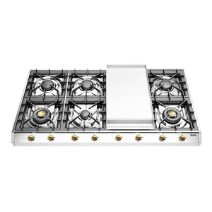ILVE Nostalgie II 48-Inch Gas Cooktop with 8 Sealed Burners + Griddle, Stainless Steel with Brass Trim, Natural Gas, UHCP1265FNSSG