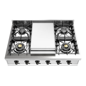 ILVE Nostalgie II 36-Inch Gas Cooktop with 6 Sealed Burners + Griddle, Stainless Steel with Burnished Trim, Natural Gas, UHCP36FNSSB