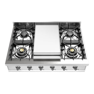 ILVE Nostalgie II 36-Inch Gas Cooktop with 6 Sealed Burners + Griddle, Stainless Steel with Chrome Trim, Natural Gas, UHCP36FNSSC