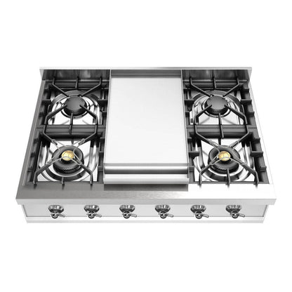 ILVE Nostalgie II 36-Inch Gas Cooktop with 6 Sealed Burners + Griddle, Stainless Steel with Chrome Trim, Natural Gas, UHCP36FNSSC