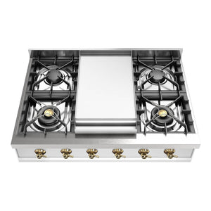 ILVE Nostalgie II 36-Inch Gas Cooktop with 6 Sealed Burners + Griddle, Stainless Steel with Brass Trim, Liquid Propane, UHCP36FNSSGLP
