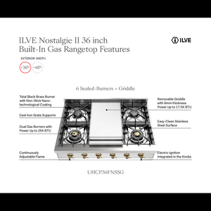 ILVE Nostalgie II 36-Inch Gas Cooktop with 6 Sealed Burners + Griddle, Stainless Steel with Brass Trim, Natural Gas, UHCP36FNSSG