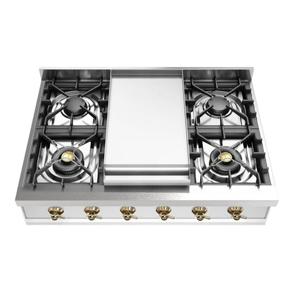 ILVE Nostalgie II 36-Inch Gas Cooktop with 6 Sealed Burners + Griddle, Stainless Steel with Brass Trim, Natural Gas, UHCP36FNSSG