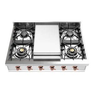 ILVE Nostalgie II 36-Inch Gas Cooktop with 6 Sealed Burners + Griddle, Stainless Steel with Copper Trim, Liquid Propane, UHCP36FNSSPLP
