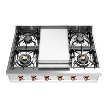 ILVE Nostalgie II 36-Inch Gas Cooktop with 6 Sealed Burners + Griddle, Stainless Steel with Copper Trim, Natural Gas, UHCP36FNSSP