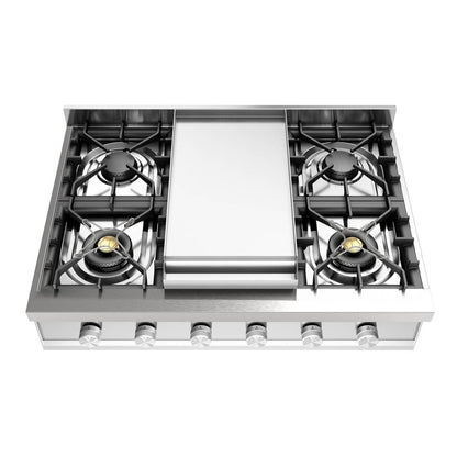 ILVE Professional Plus II 36-Inch Gas Cooktop with 6 Sealed Burners + Griddle, Stainless Steel, Natural Gas, UHCP36FSS