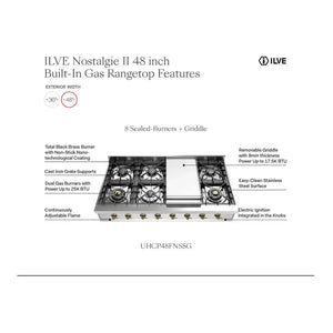 ILVE Nostalgie II 48-Inch Gas Cooktop with 8 Sealed Burners + Griddle, Stainless Steel with Burnished Trim, Natural Gas, UHCP48FNSSB