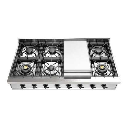 ILVE Nostalgie II 48-Inch Gas Cooktop with 8 Sealed Burners + Griddle, Stainless Steel with Burnished Trim, Natural Gas, UHCP48FNSSB