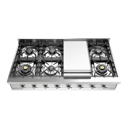 ILVE Nostalgie II 48-Inch Gas Cooktop with 8 Sealed Burners + Griddle, Stainless Steel with Chrome Trim, Natural Gas, UHCP48FNSSC