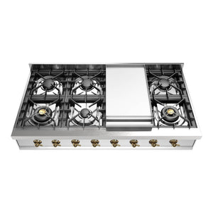 ILVE Nostalgie II 48-Inch Gas Cooktop with 8 Sealed Burners + Griddle, Stainless Steel with Brass Trim, Natural Gas, UHCP48FNSSG