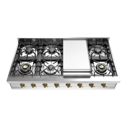 ILVE Nostalgie II 48-Inch Gas Cooktop with 8 Sealed Burners + Griddle, Stainless Steel with Brass Trim, Natural Gas, UHCP48FNSSG
