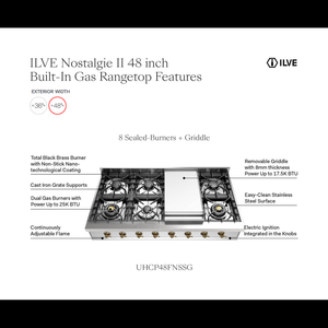 ILVE Nostalgie II 48-Inch Gas Cooktop with 8 Sealed Burners + Griddle, Stainless Steel with Brass Trim, Natural Gas, UHCP48FNSSG