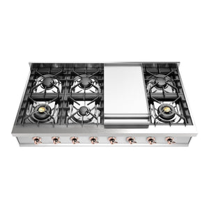 ILVE Nostalgie II 48-Inch Gas Cooktop with 8 Sealed Burners + Griddle, Stainless Steel with Copper Trim, Natural Gas, UHCP48FNSSP
