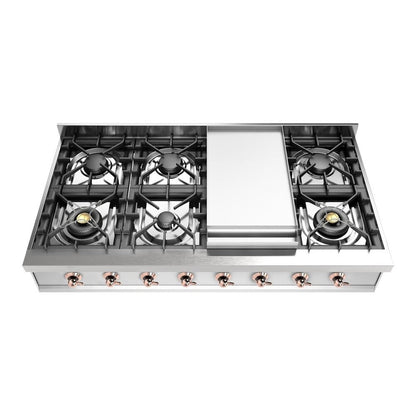 ILVE Nostalgie II 48-Inch Gas Cooktop with 8 Sealed Burners + Griddle, Stainless Steel with Copper Trim, Natural Gas, UHCP48FNSSP