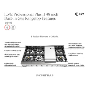 ILVE Professional Plus II 48-Inch Gas Cooktop with 8 Sealed Burners + Griddle, Stainless Steel, Liquid Propane, UHCP48FSSLP