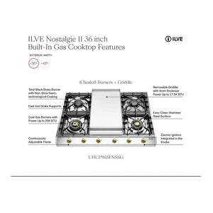 ILVE Nostalgie II 36-Inch Gas Cooktop with 4 Sealed Burners + Griddle, Stainless Steel with Burnished Trim, Natural Gas, UHCP965FNSSB