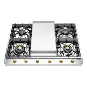 ILVE Nostalgie II 36-Inch Gas Cooktop with 4 Sealed Burners + Griddle, Stainless Steel with Brass Trim, Natural Gas, UHCP965FNSSG