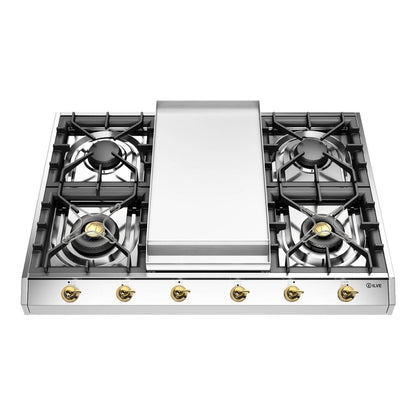 ILVE Nostalgie II 36-Inch Gas Cooktop with 4 Sealed Burners + Griddle, Stainless Steel with Brass Trim, Natural Gas, UHCP965FNSSG