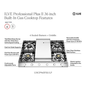 ILVE Professional Plus II 36-Inch Gas Cooktop with 4 Sealed Burners + Griddle, Stainless Steel, Liquid Propane, UHCP965FSSLP