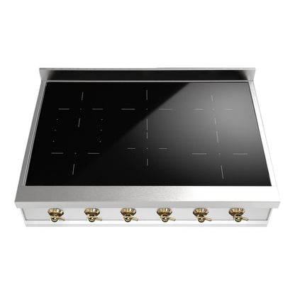 ILVE Nostalgie II 36-Inch Induction Cooktop with 6 Induction Zones, Stainless Steel with Brass Trim, UHCPI366NSSG