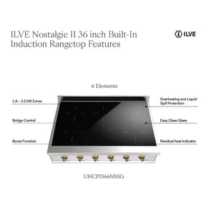 ILVE Nostalgie II 36-Inch Induction Cooktop with 6 Induction Zones, Stainless Steel with Brass Trim, UHCPI366NSSG