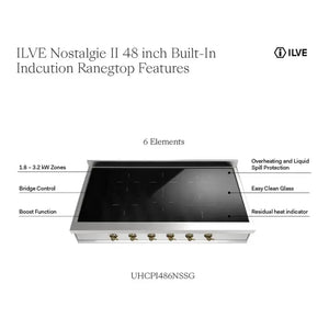ILVE Nostalgie II 48-Inch Induction Cooktop with 6 Induction Zones, Stainless Steel with Burnished Trim, UHCPI486NSSB