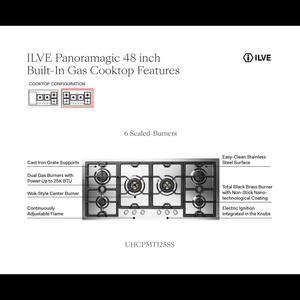 ILVE Panoramagic 48-Inch Gas Cooktop with 6 Sealed Burners, Stainless Steel, Liquid Propane, UHCPMT125SSLP