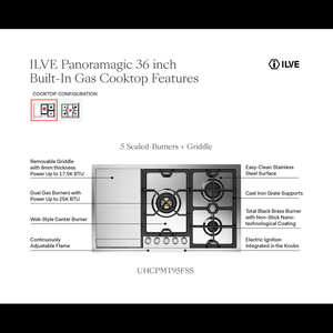 ILVE Panoramagic 36-Inch Gas Cooktop with 5 Sealed Burners + Griddle, Stainless Steel, Natural Gas, UHCPMT95FSS