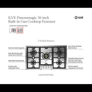 ILVE Panoramagic 36-Inch Gas Cooktop with 5 Sealed Burners, Stainless Steel, Liquid Propane, UHCPMT95SSLP