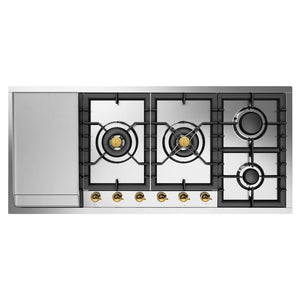 ILVE Nostalgie II 48-Inch Gas Cooktop with 6 Sealed Burners + Griddle, Stainless Steel with Brass Trim, Liquid Propane, UHCPT125FNSSGLP