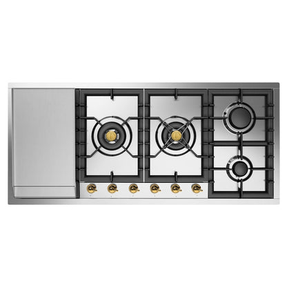 ILVE Nostalgie II 48-Inch Gas Cooktop with 6 Sealed Burners + Griddle, Stainless Steel with Brass Trim, Natural Gas, UHCPT125FNSSG