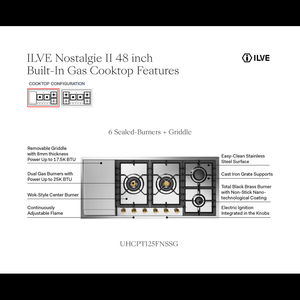 ILVE Nostalgie II 48-Inch Gas Cooktop with 6 Sealed Burners + Griddle, Stainless Steel with Brass Trim, Natural Gas, UHCPT125FNSSG