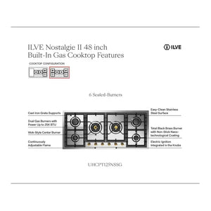 ILVE Nostalgie II 48-Inch Gas Cooktop with 6 Sealed Burners, Stainless Steel with Chrome Trim, Natural Gas, UHCPT125NSSC
