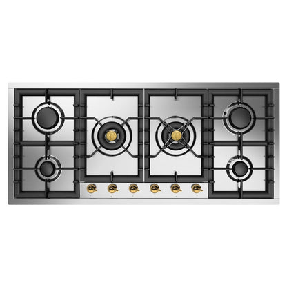 ILVE Nostalgie II 48-Inch Gas Cooktop with 6 Sealed Burners, Stainless Steel with Brass Trim, Liquid Propane, UHCPT125NSSGLP