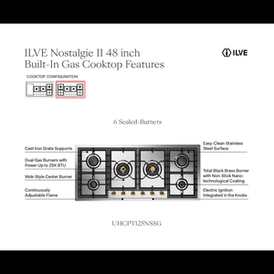 ILVE Nostalgie II 48-Inch Gas Cooktop with 6 Sealed Burners, Stainless Steel with Brass Trim, Liquid Propane, UHCPT125NSSGLP