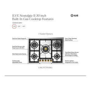 ILVE Nostalgie II 30-Inch Gas Cooktop with 5 Sealed Burners, Stainless Steel with Chrome Trim, Natural Gas, UHCPT75NSSC